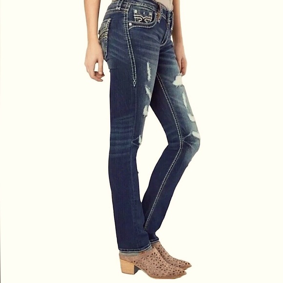 Rock Revival Priya Straight Stretch Jeans distressed rips bling 27 EUC - Picture 6 of 15